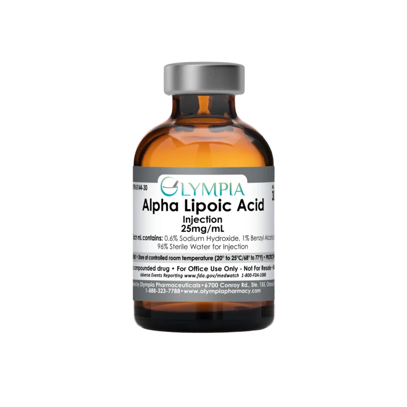 A compounded vial of medication in an amber 30mL vial. The vial has a silver cap and grey label that reads "Olympia Alpha Lipoic Acid Injection."