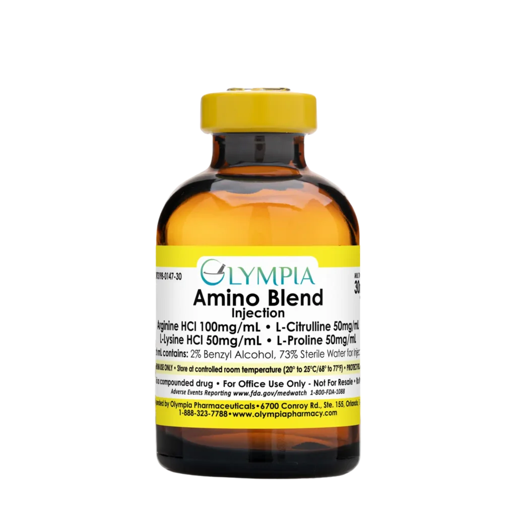 A vial of compounded medication from Olympia made with a variety of amino acids. The vial is amber and has a yellow cap and label that reads "Olympia Amino Blend Injection. Arginine HCl 100mg/ml, L-Citrulline 50mg/mL, L-Lysine HCl 50mg/mL, L-Proline 50mg/mL."