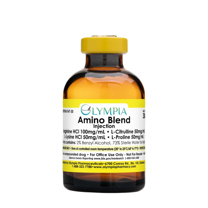 A vial of compounded medication from Olympia made with a variety of amino acids. The vial is amber and has a yellow cap and label that reads "Olympia Amino Blend Injection. Arginine HCl 100mg/ml, L-Citrulline 50mg/mL, L-Lysine HCl 50mg/mL, L-Proline 50mg/mL."