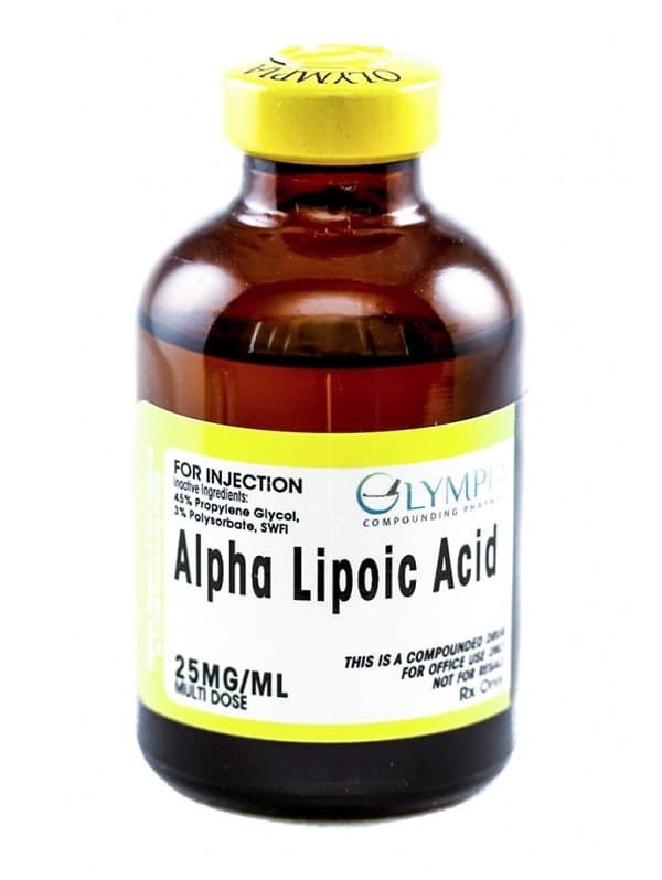 Bottle of Olympia Pharmacy’s alpha lipoic acid for multi-dose injections