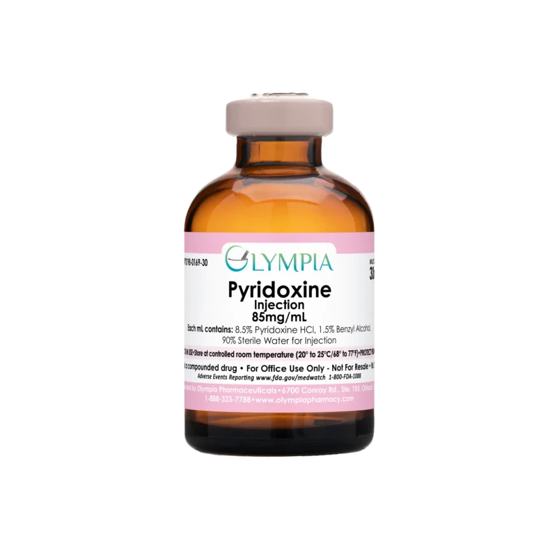 A 30mL amber sterile vial of compounded medication. The vial has a pink cap and label that reads, "Olympia Pyridoxine Injection 85mg/mL."