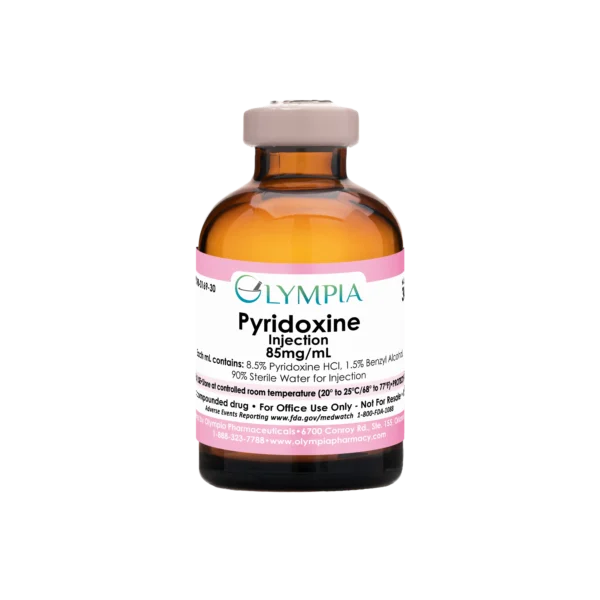 A 30mL amber sterile vial of compounded medication. The vial has a pink cap and label that reads, "Olympia Pyridoxine Injection 85mg/mL."