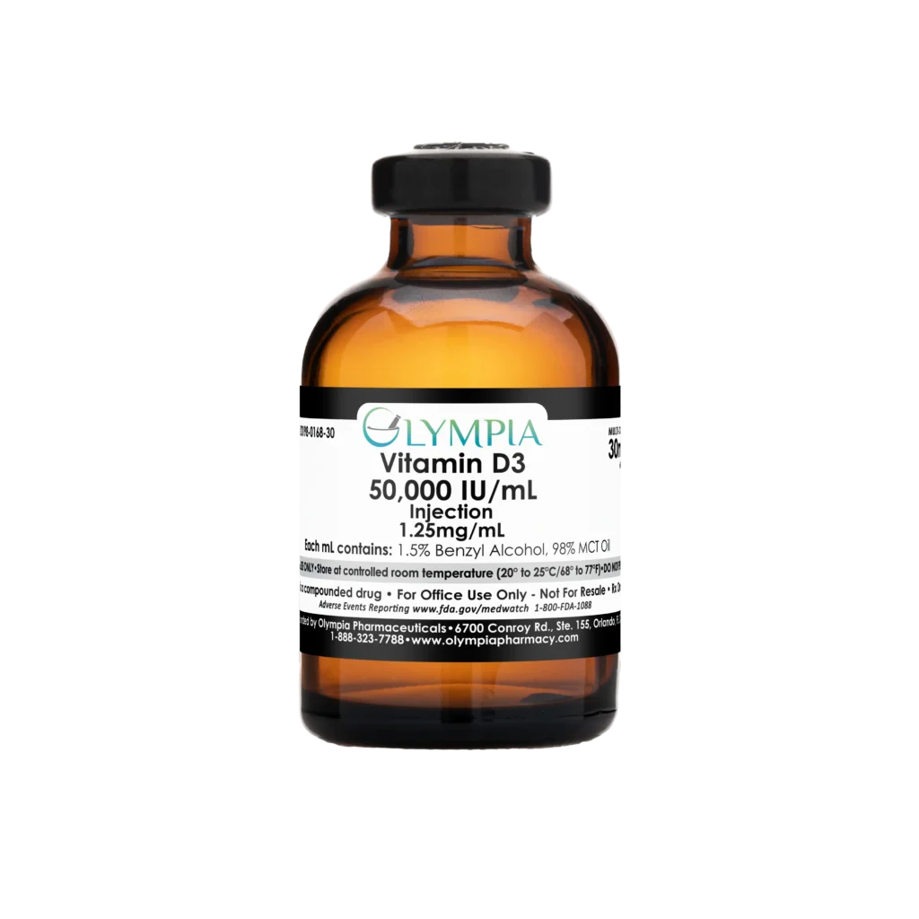 A 30ml amber vial of medication. The vial has a black cap and label, which reads "Olympia Vitamin D3 - 50,000 IU/mL Injection. 1.25mg/mL."