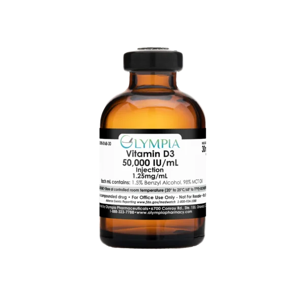 A 30ml amber vial of medication. The vial has a black cap and label, which reads "Olympia Vitamin D3 - 50,000 IU/mL Injection. 1.25mg/mL."