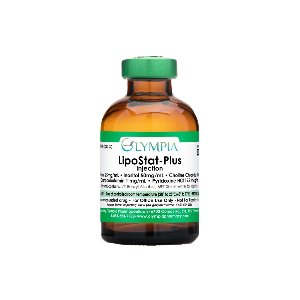A vial of compounded medication from Olympia. The vial is amber, has a green cap and a green label that reads "Olympia LipoStat-Plus Injection."