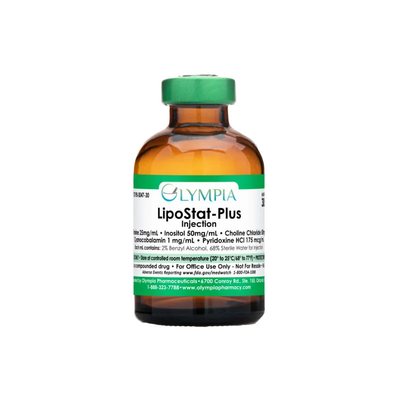 A vial of compounded medication from Olympia. The vial is amber, has a green cap and a green label that reads "Olympia LipoStat-Plus Injection."