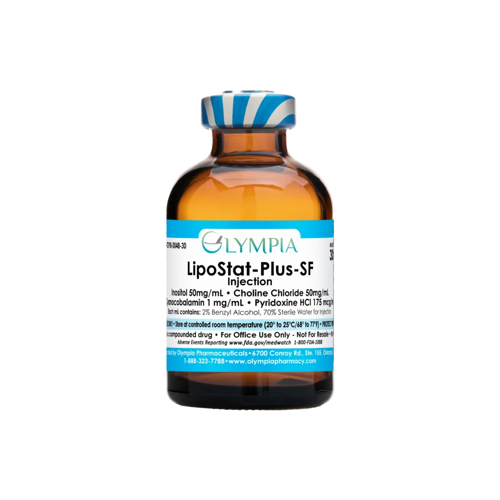 A vial of compounded lipotropic injectable medication from Olympia. The vial is amber and has a blue-white striped cap and a blue label that reads, "Olympia LipoStat-Plus-SF Injection."