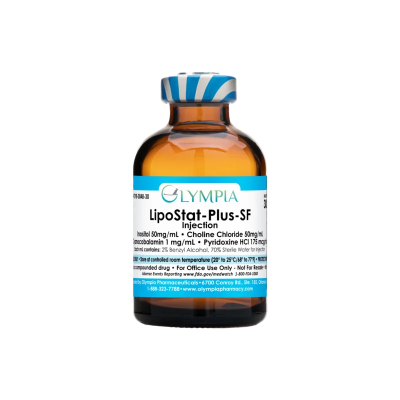 A vial of compounded lipotropic injectable medication from Olympia. The vial is amber and has a blue-white striped cap and a blue label that reads, "Olympia LipoStat-Plus-SF Injection."