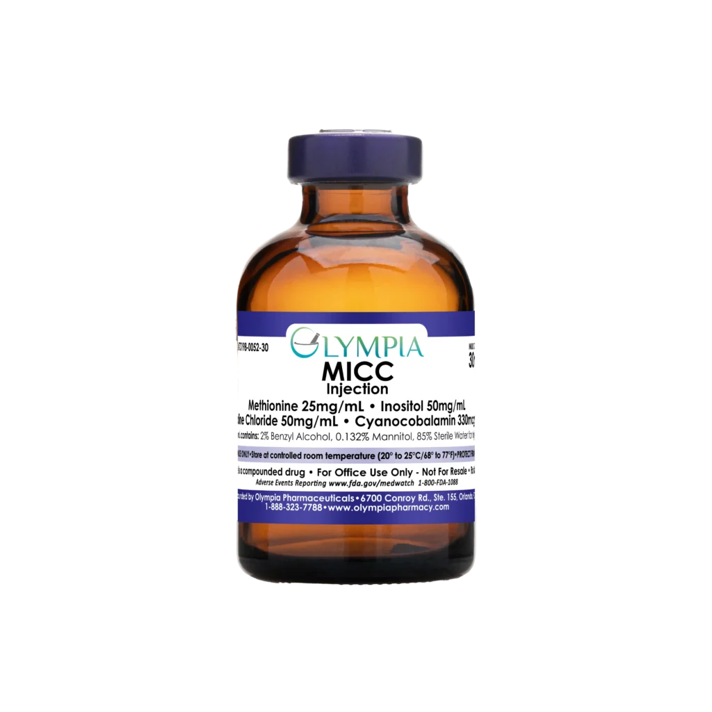A vial of Olympia's compounded medication, more specifically, a lipotropic injection. The vial is amber, has a purple and a purple label that reads, "Olympia MICC injection."