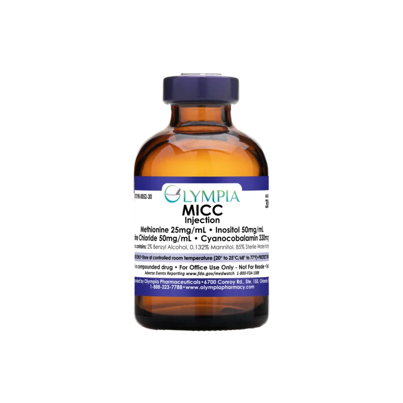 A vial of Olympia's compounded medication, more specifically, a lipotropic injection. The vial is amber, has a purple and a purple label that reads, "Olympia MICC injection."