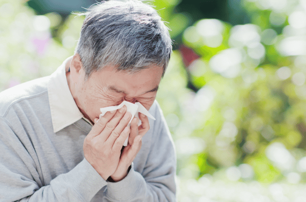 Mature man blowing their nose into a tissue.