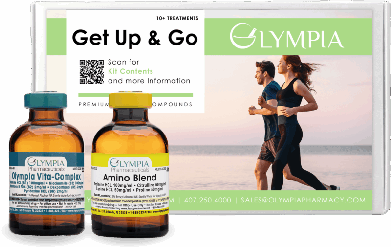 Olympia Pharmaceuticals “Get Up & Go” injection kit with vials labeled Olympia Vita-Complex and Amino Blend, shown in front of a branded box featuring an image of two active individuals jogging by the ocean.