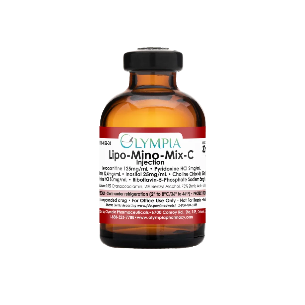A vial of Olympia's compounded Lipo-Mino-Mix-C medication. The vial is amber, has a black cap, and a red label that reads "Olympia Lipo Mino Mix C Injection."