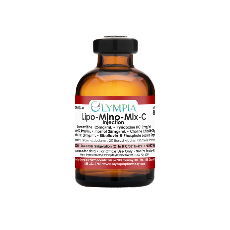 A vial of Olympia's compounded Lipo-Mino-Mix-C medication. The vial is amber, has a black cap, and a red label that reads "Olympia Lipo Mino Mix C Injection."