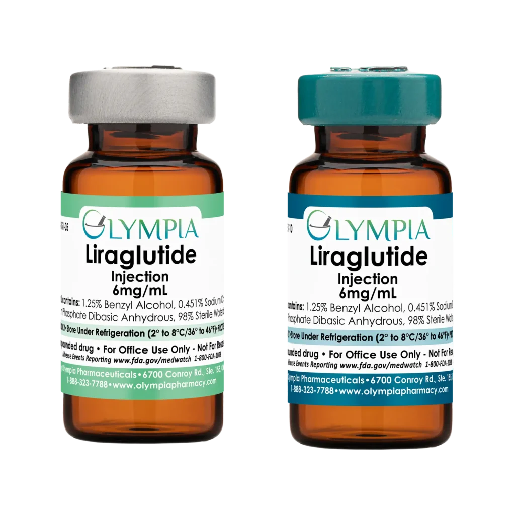 Two amber vials of medication. On the left, a vial with a silver cap and seafoam green label. On the right, a vial with a teal cap and teal label. Both labels read, "Olympia Liraglutide Injection. 6mg/mL."