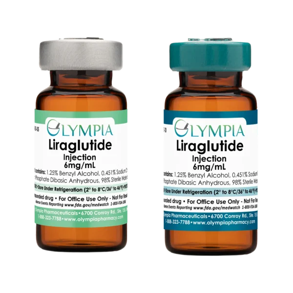Two amber vials of medication. On the left, a vial with a silver cap and seafoam green label. On the right, a vial with a teal cap and teal label. Both labels read, "Olympia Liraglutide Injection. 6mg/mL."