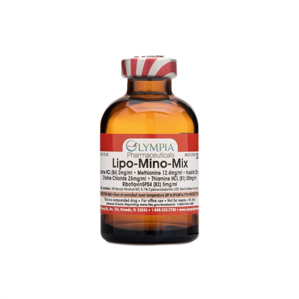 Amber vial labeled "Olympia Pharmaceuticals Lipo-Mino-Mix," a compounded injectable blend containing B vitamins, amino acids, and lipotropic agents designed to support metabolism and energy levels.