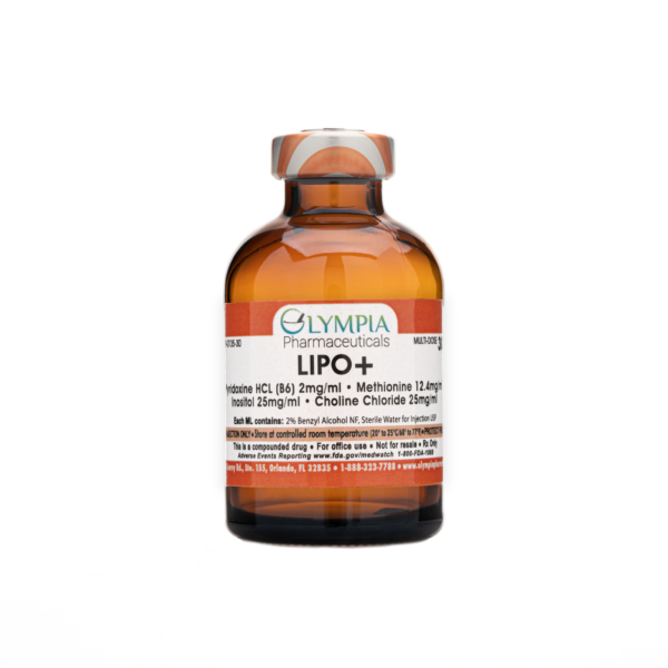 Amber glass vial labeled "Olympia Pharmaceuticals LIPO+," featuring a compounded injectable formula containing Pyridoxine HCL (B6), Methionine, Inositol, and Choline Chloride, designed to support metabolism and weight management.