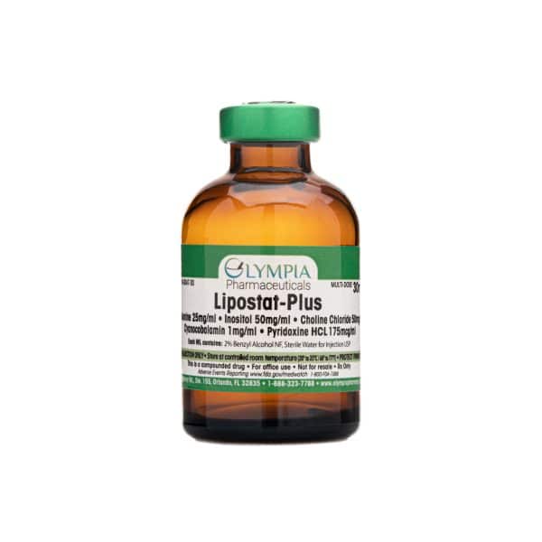Amber vial labeled "Olympia Pharmaceuticals Lipostat-Plus," featuring a compounded formula with ingredients such as Inositol, Choline Chloride, Methylcobalamin, and Pyridoxine HCL for metabolic and fat-processing support.