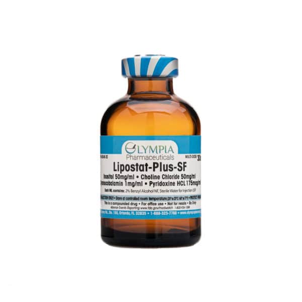 Amber glass vial labeled "Olympia Pharmaceuticals Lipostat-Plus-SF," a compounded injectable containing Inositol, Choline Chloride, Methylcobalamin, and Pyridoxine HCL, formulated to support metabolic function and fat processing.