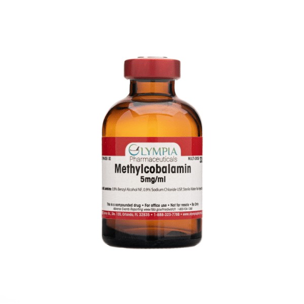 Amber vial labeled "Olympia Pharmaceuticals Methylcobalamin 5mg/ml," an injectable form of vitamin B12 commonly used to support energy, nervous system function, and red blood cell production.