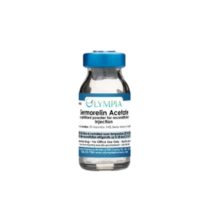 A small, clear vial with a blue cap and label. The label reads, "Olympia Sermorelin Acetate Lyophilized Powder for Reconstitution Injection."
