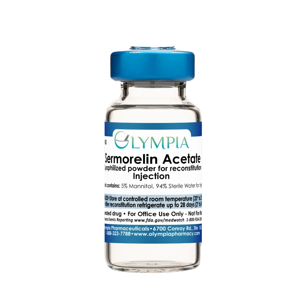 A small, clear vial with a blue cap and label. The label reads, "Olympia Sermorelin Acetate Lyophilized Powder for Reconstitution Injection."