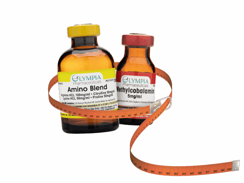 Two Olympia Pharmaceuticals vials labeled 'Amino Blend' and 'Methylcobalamin' are shown with an orange measuring tape wrapped around them, symbolizing weight management or fitness support.