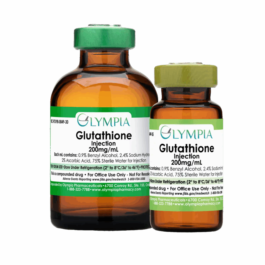 Two vials of glutathione 200 mg/ml from Olympia Pharmaceuticals.