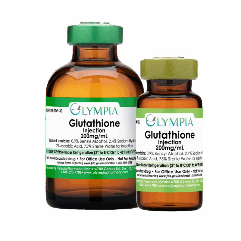 Two vials of glutathione 200 mg/ml from Olympia Pharmaceuticals.