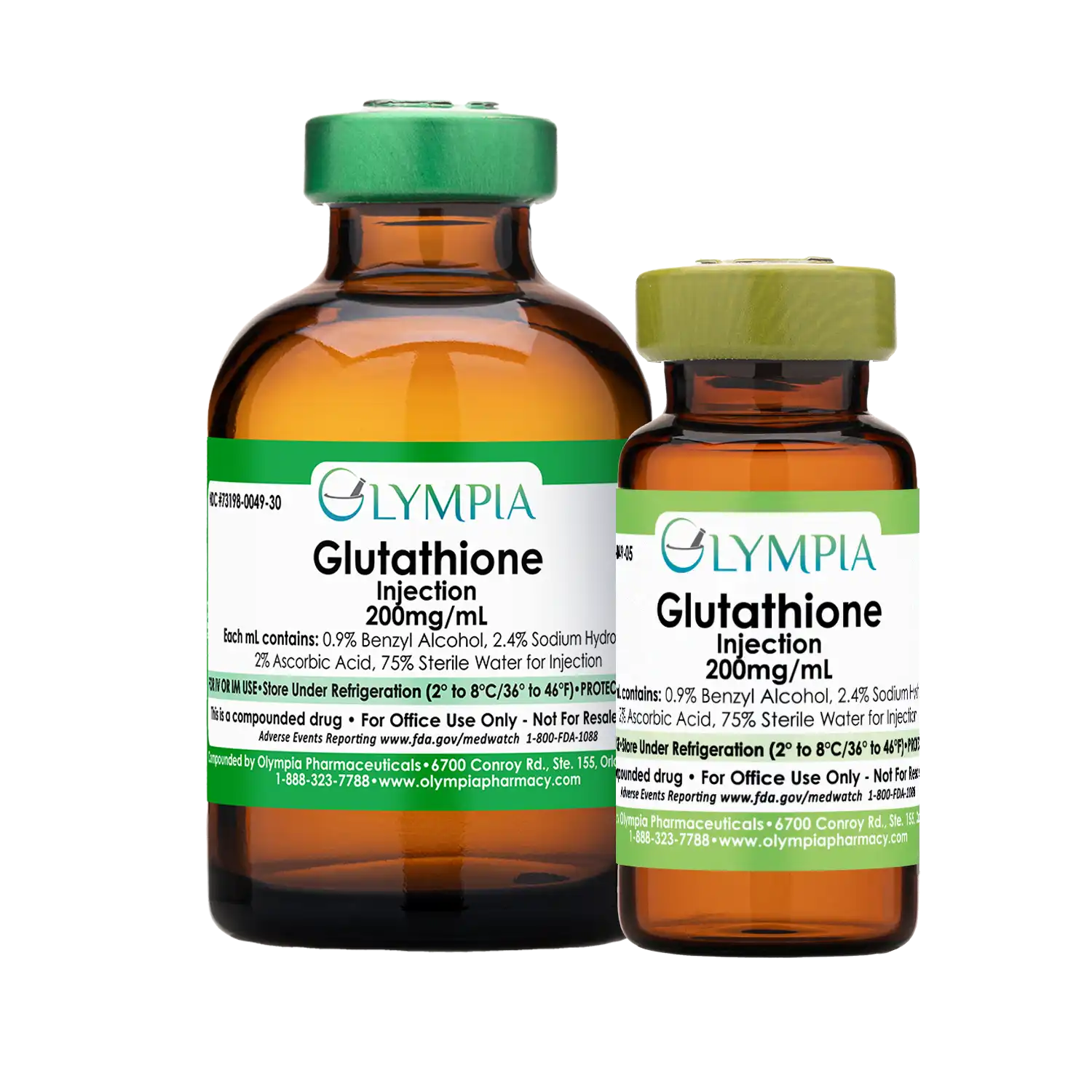 Two vials of glutathione 200 mg/ml from Olympia Pharmaceuticals. 