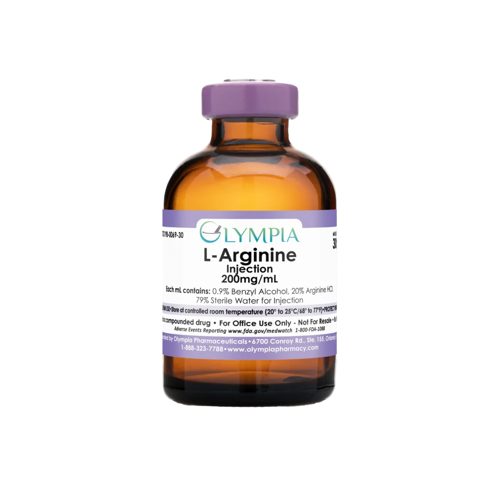 A vial of compounded medication from Olympia. The vial is amber and has a purple cap and label that reads "Olympia L-Arginine Injection 200mg/mL."