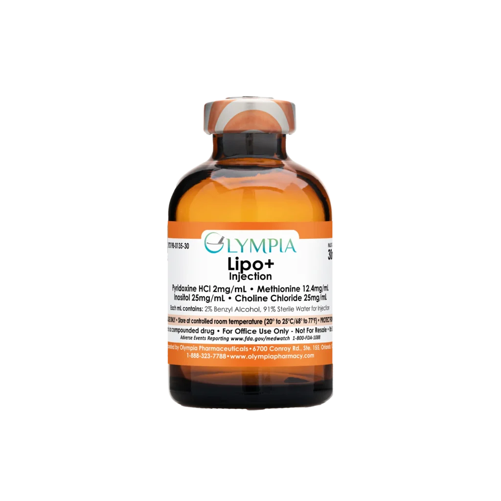 A vial of Olympia's compounded medication. The vial is amber with an orange and white-striped cap and orange label. The label reads, "Olympia Lipo+ Injection."