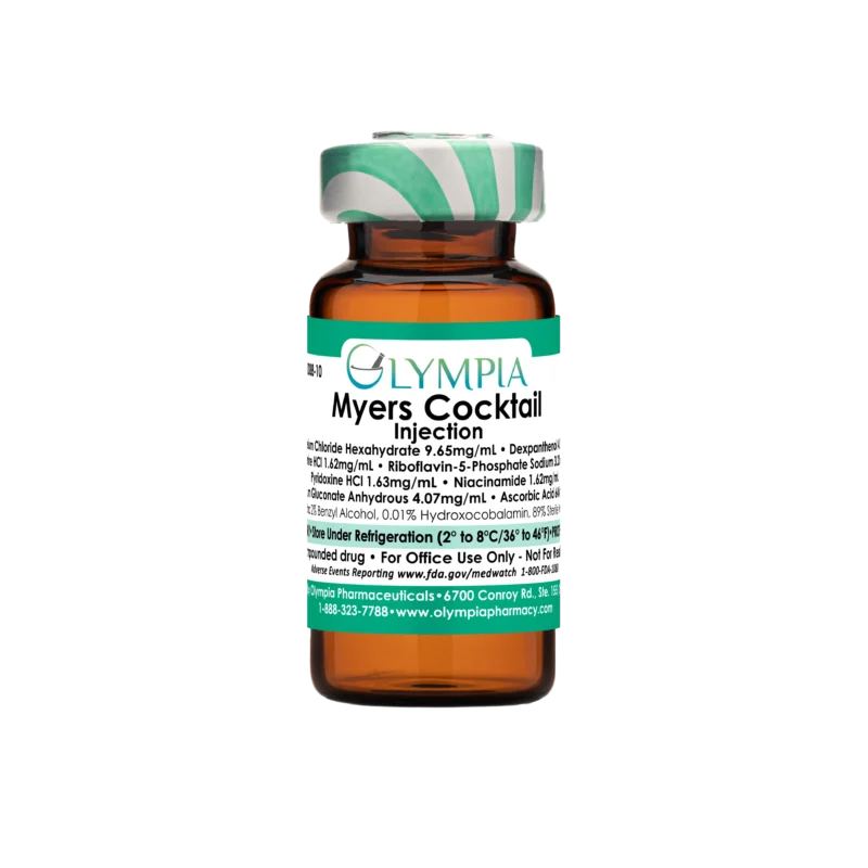 A vial of compounded injectable medication from Olympia. The vial is amber, has a green-striped cap, and a green label that reads "Olympia Myers Cocktail Injection."