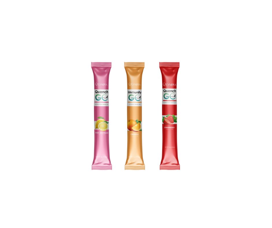 Olympia Pharmacy GO drink mix packets in three flavors — pink lemonade, orange and strawberry — designed to support hydration and immunity.