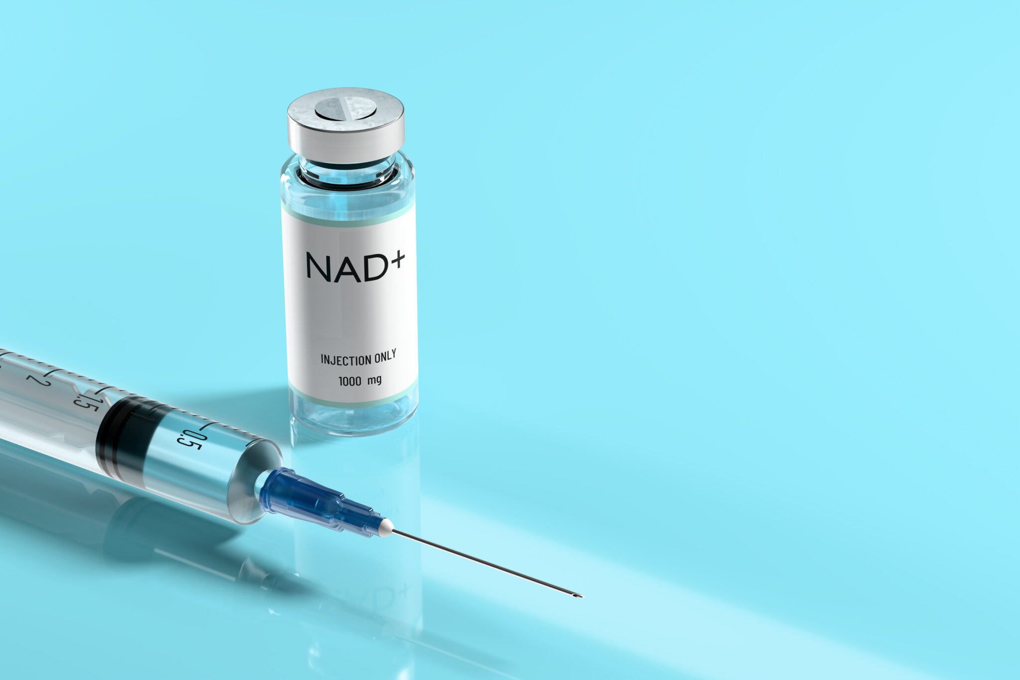 A vial labeled "NAD+" next to a filled syringe on a blue background.