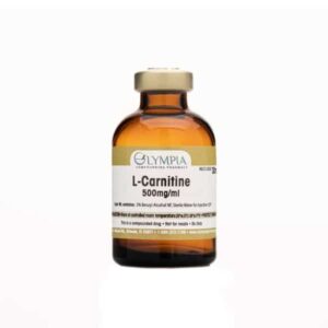Amber glass vial labeled "Olympia Pharmaceuticals L-Carnitine 500mg/ml," containing an injectable compound used to support fat metabolism and energy production.