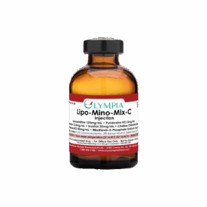 Amber vial labeled "Olympia Pharmaceuticals Lipo-Mino-Mix-C"