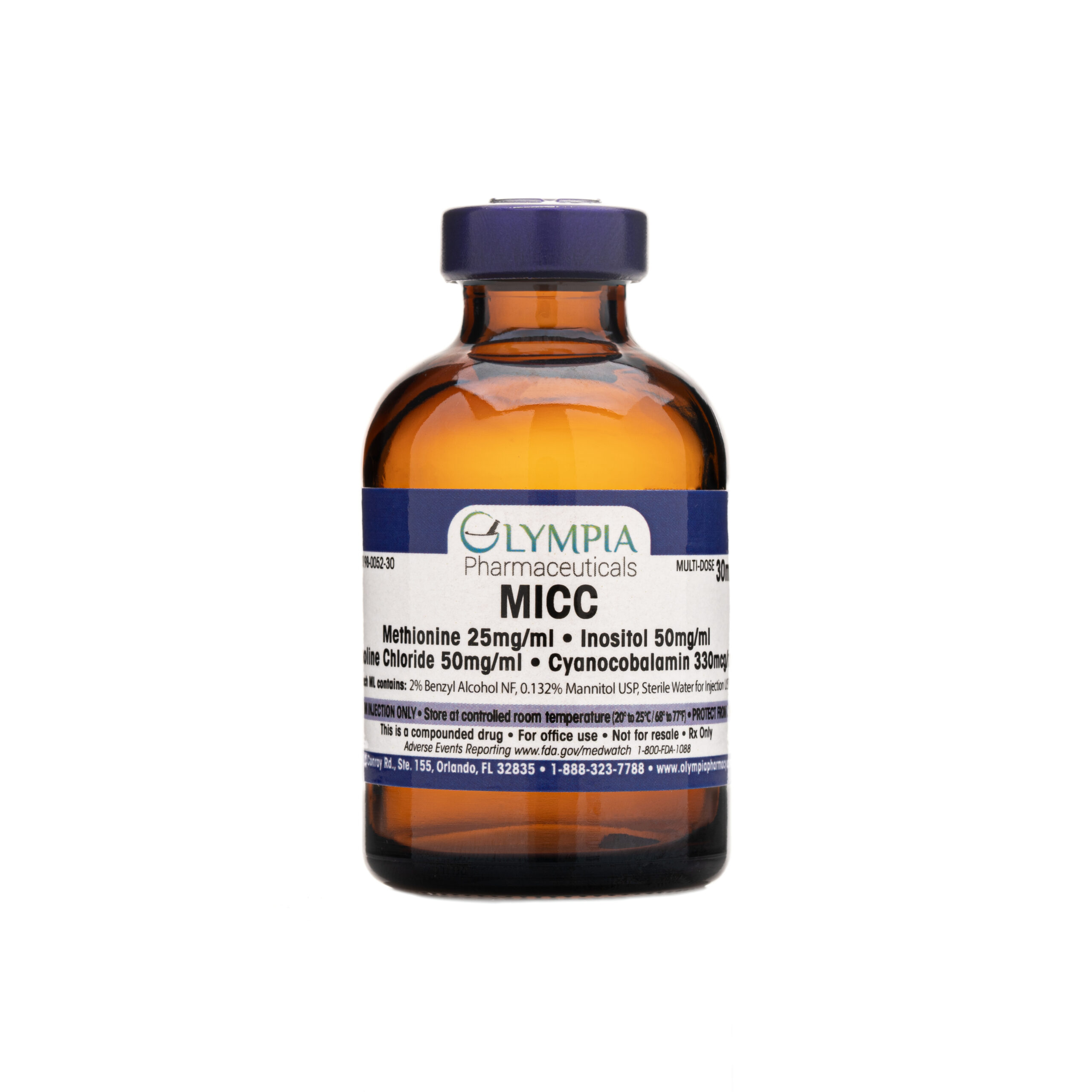 Amber vial labeled "Olympia Pharmaceuticals MICC"