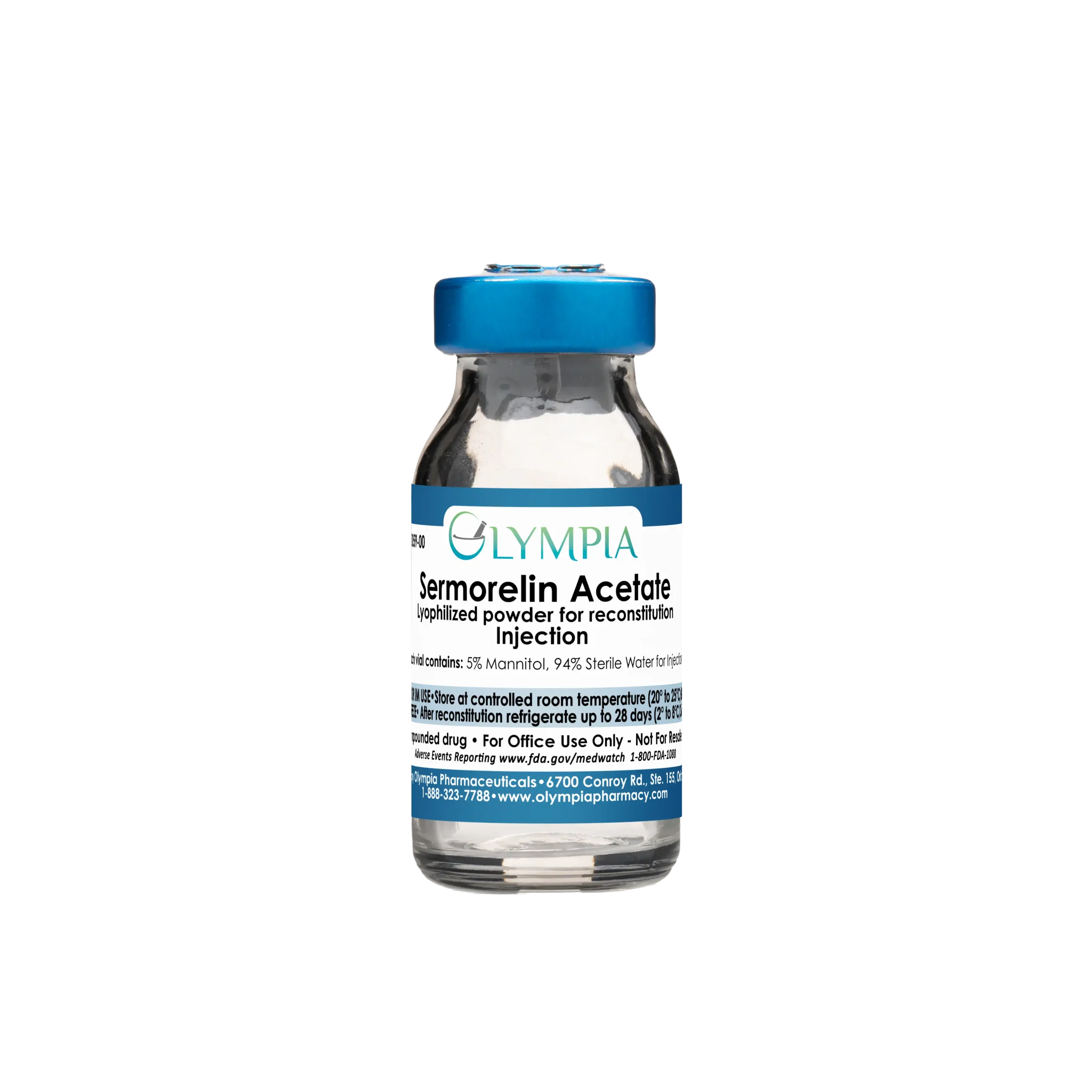 A small, clear vial with a blue cap and label. The label reads, "Olympia Sermorelin Acetate Lyophilized Powder for Reconstitution Injection."