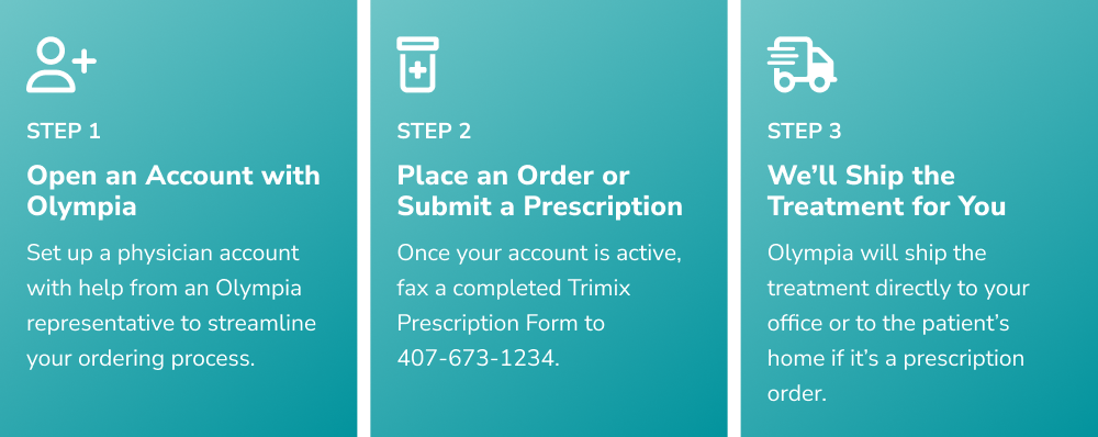 Three-step process graphic for physicians to order Trimix from Olympia Pharmacy, shown in vertical panels on a blue-green gradient background.

Step 1: “Open an Account with Olympia” — Set up a physician account with assistance from an Olympia representative to streamline the ordering process (icon of a person with a plus sign).

Step 2: “Place an Order or Submit a Prescription” — Once the account is active, fax a completed Trimix Prescription Form to 407-673-1234 (icon of a prescription document).

Step 3: “We’ll Ship the Treatment for You” — Olympia ships the treatment either to the physician’s office or directly to the patient’s home for prescription orders (icon of a delivery truck).