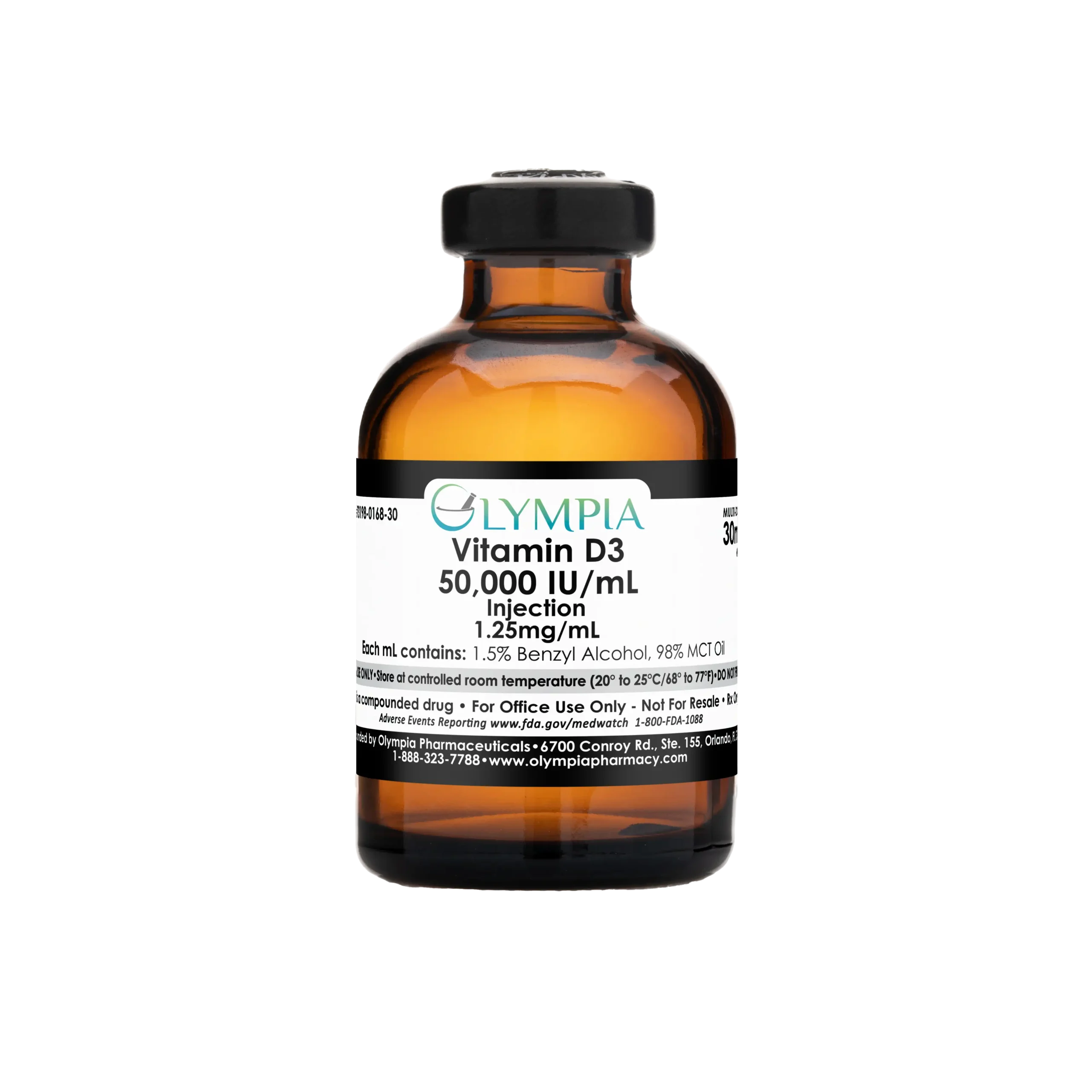 A 30ml amber vial of medication. The vial has a black cap and label, which reads "Olympia Vitamin D3 - 50,000 IU/mL Injection. 1.25mg/mL."