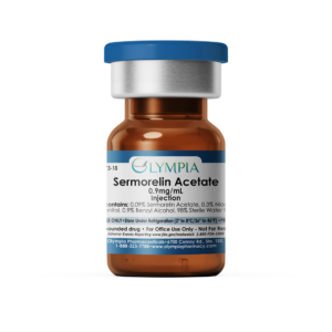 A 10mL amber vial of medication. The vial has a blue flip-top cap and a blue label. It includes information on the peptide Sermorelin Acetate.