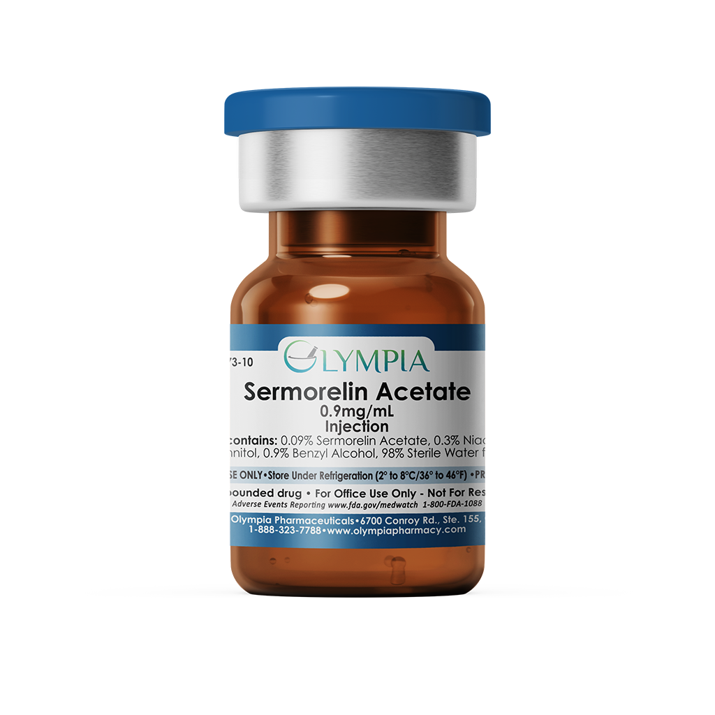 A 10mL amber vial of medication. The vial has a blue flip-top cap and a blue label. It includes information on the peptide Sermorelin Acetate.