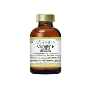 A 30mL medical vial containing medication. The vial is amber and has a gold-colored cap and label. The label reads "Olympia Carnitine Injection, 500mg/mL.":