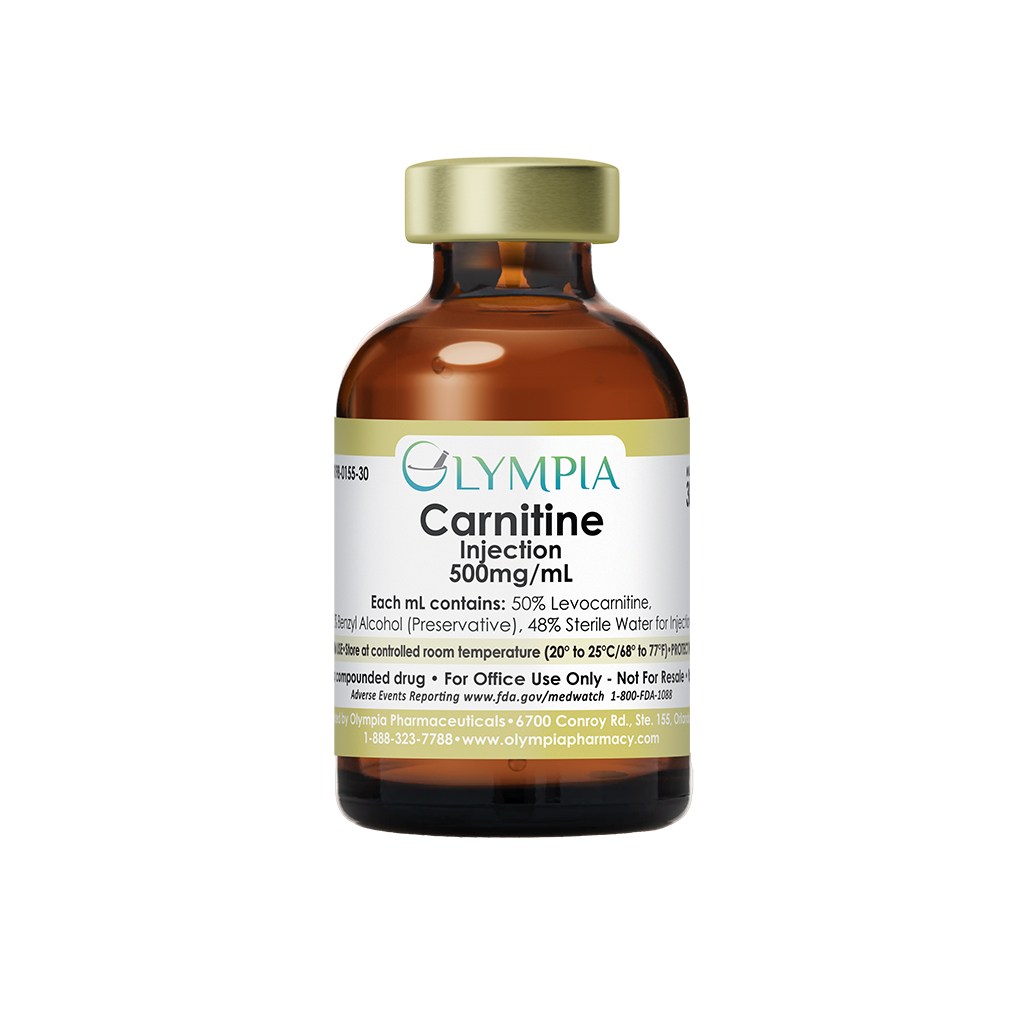 A 30mL medical vial containing medication. The vial is amber and has a gold-colored cap and label. The label reads "Olympia Carnitine Injection, 500mg/mL.":