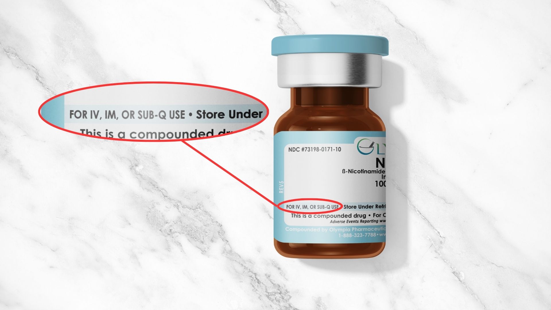 A medical vial lying on its side on a white background. The vial is amber, with a light-blue cap and label. A red circle highlights text that reads "For IV, IM, or Sub-Q use," indicating that this product can be administered for IV infusion, IM or SubQ injections.