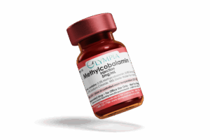 Olympia Methylcobalamin Injection vial (5 mg/mL) with red cap, shown tilted on a black background