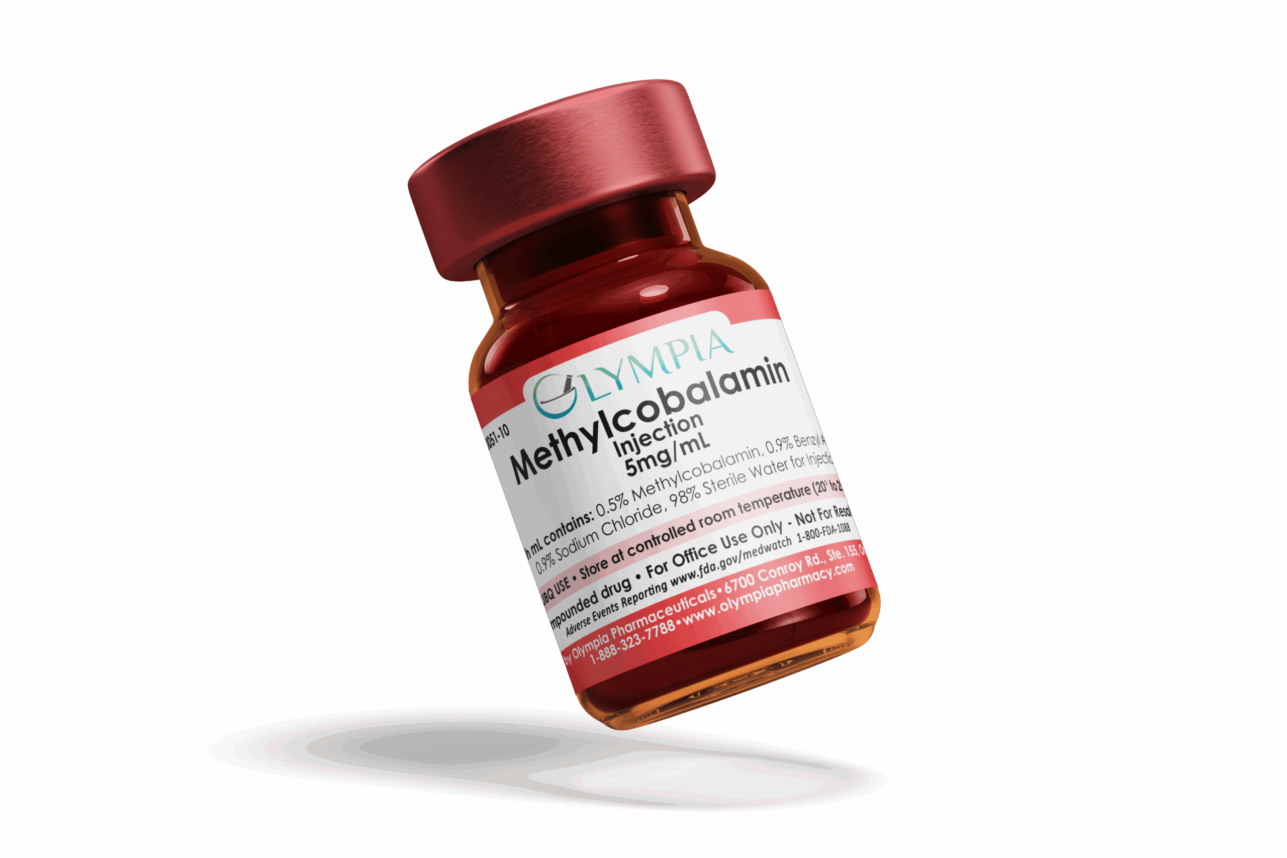 Olympia Methylcobalamin Injection vial (5 mg/mL) with red cap, shown tilted on a black background