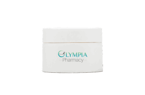 White Olympia Pharmacy cream jar with logo on front, isolated on transparent background.